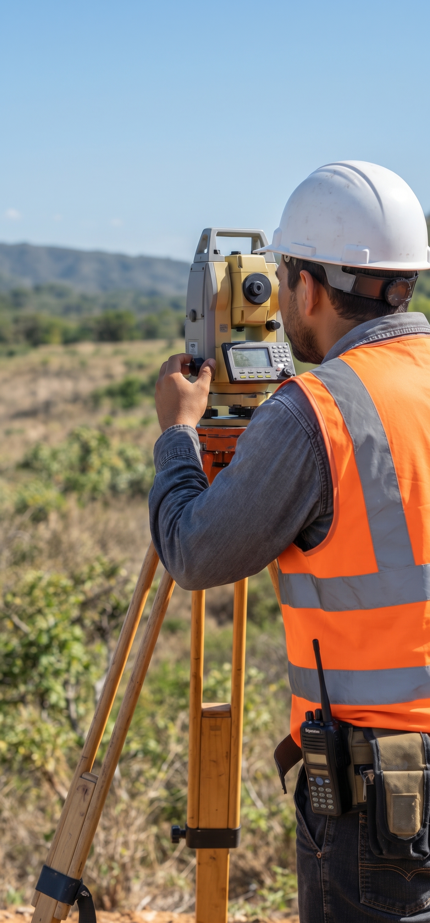 Topógrafo operando estación total en entorno industrial petrolero