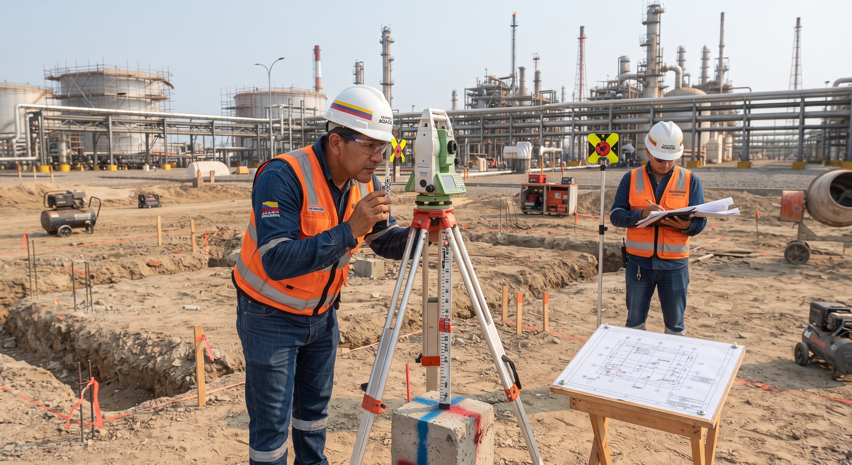 Medición topográfica con estación total en un área industrial